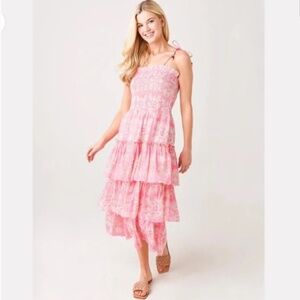 Oliphant Tie Strap Smocked Midi Dress in Pink M